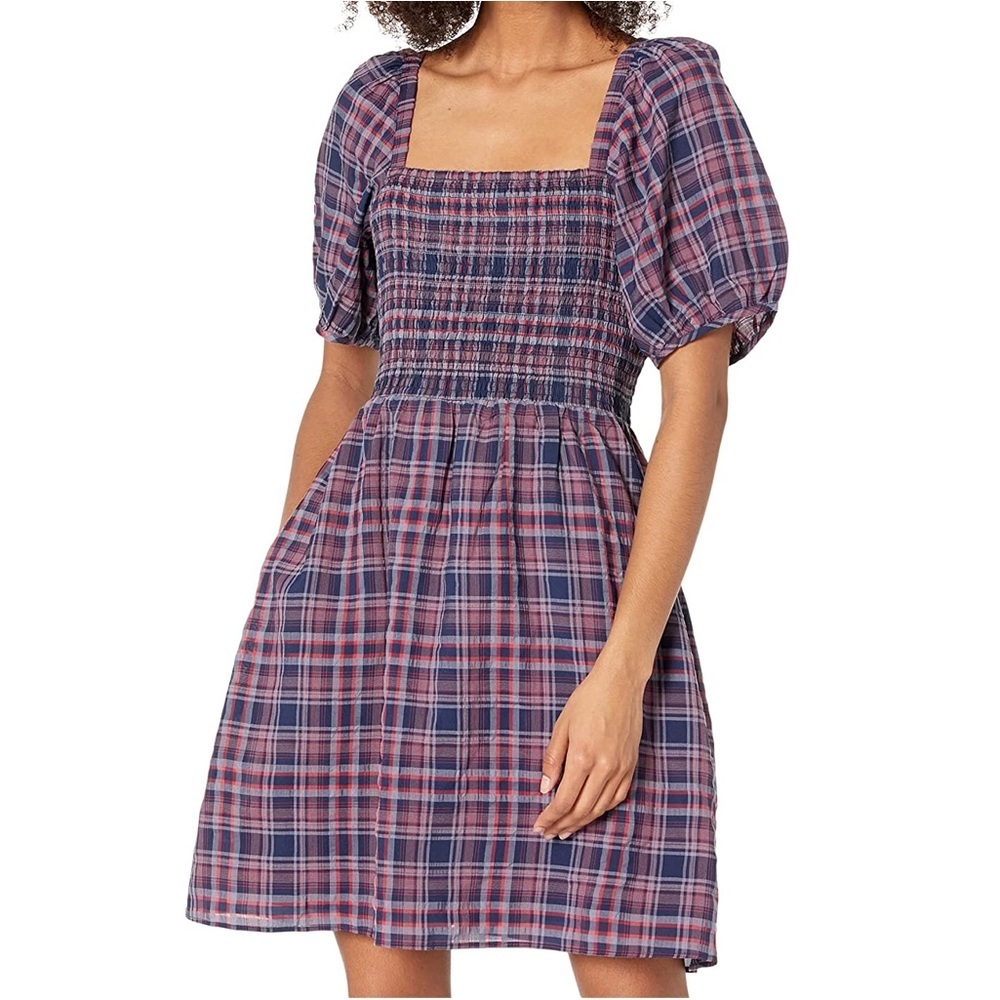 Madewell Pink and Navy Plaid Smocked Mini Dress